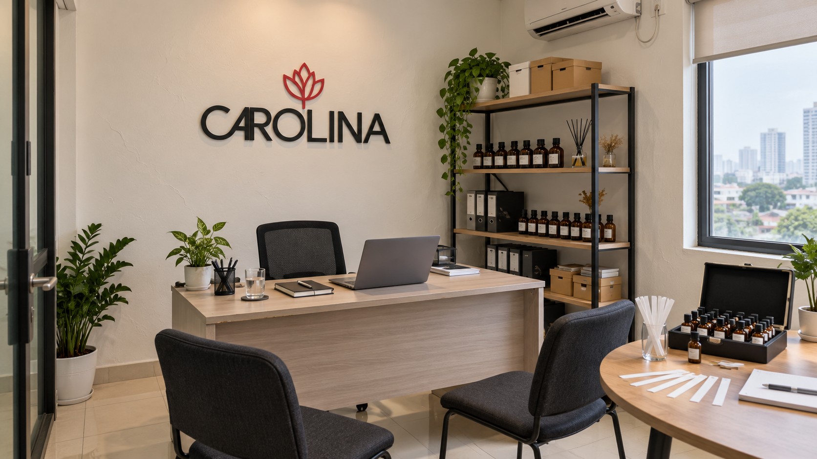 Illustrative modest Carolina office with sample bottles and everyday working furniture